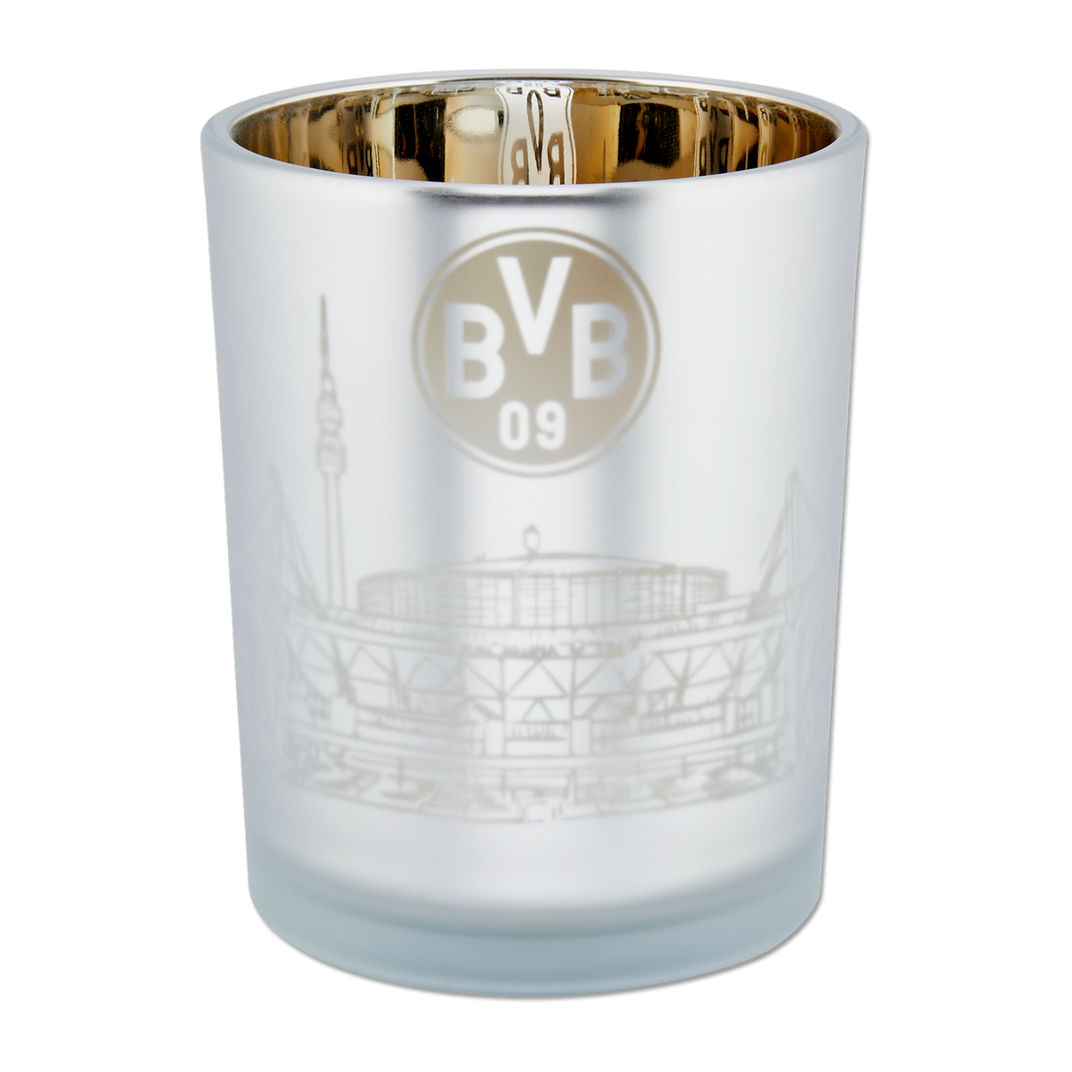 Lanterna in vetro del BVB con l'immagine del SIGNAL IDUNA PARK e finitura interna dorata, per una decorazione elegante.