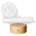 Lampe LED BVB avec la silhouette de Dortmund et le logo du BVB illuminés, dotée d'un élégant socle en bois. Idéale pour les supporters comme objet de décoration.