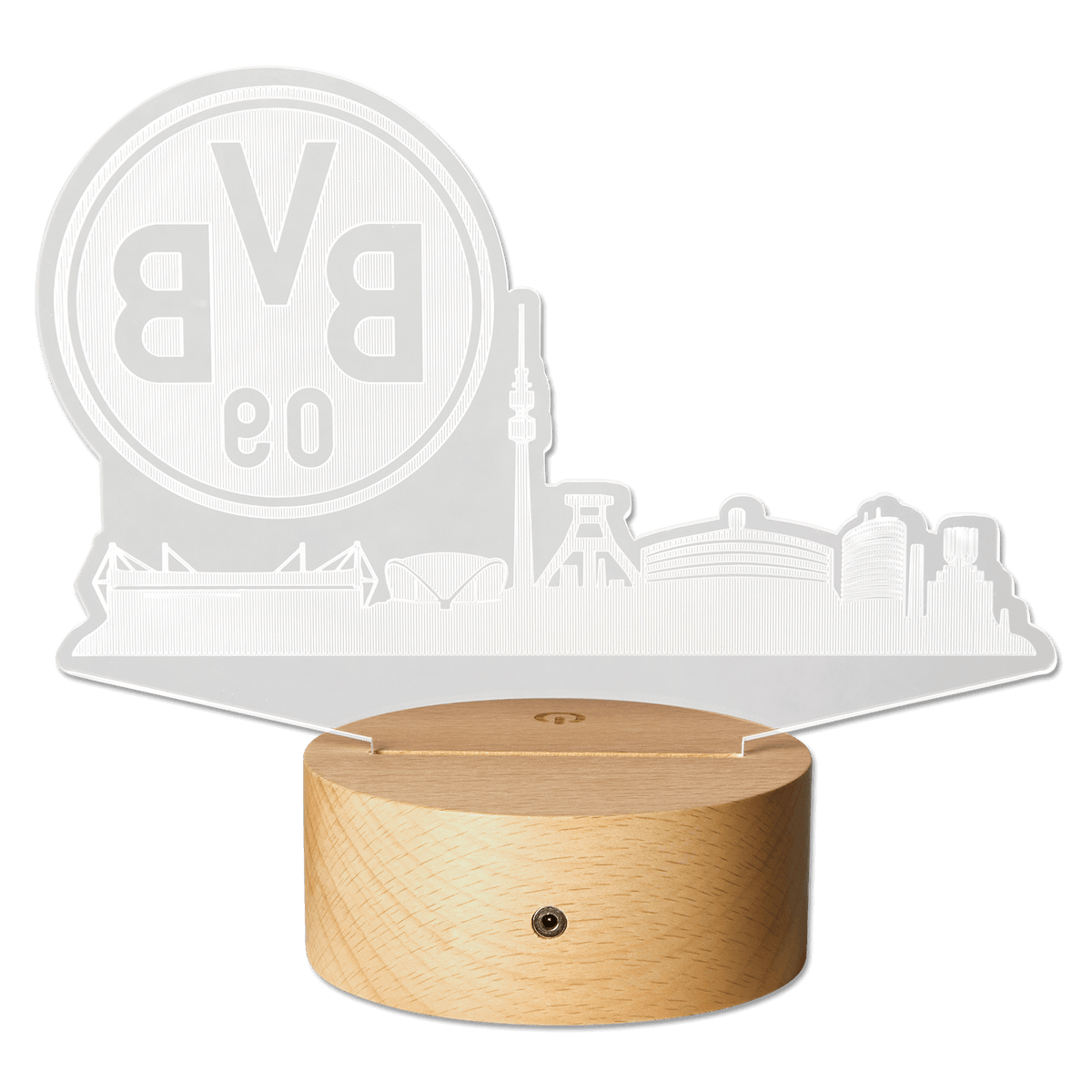 BVB LED lamp featuring an illuminated Dortmund skyline and the BVB logo, with an elegant wooden base. Ideal for fans as a decorative accessory.