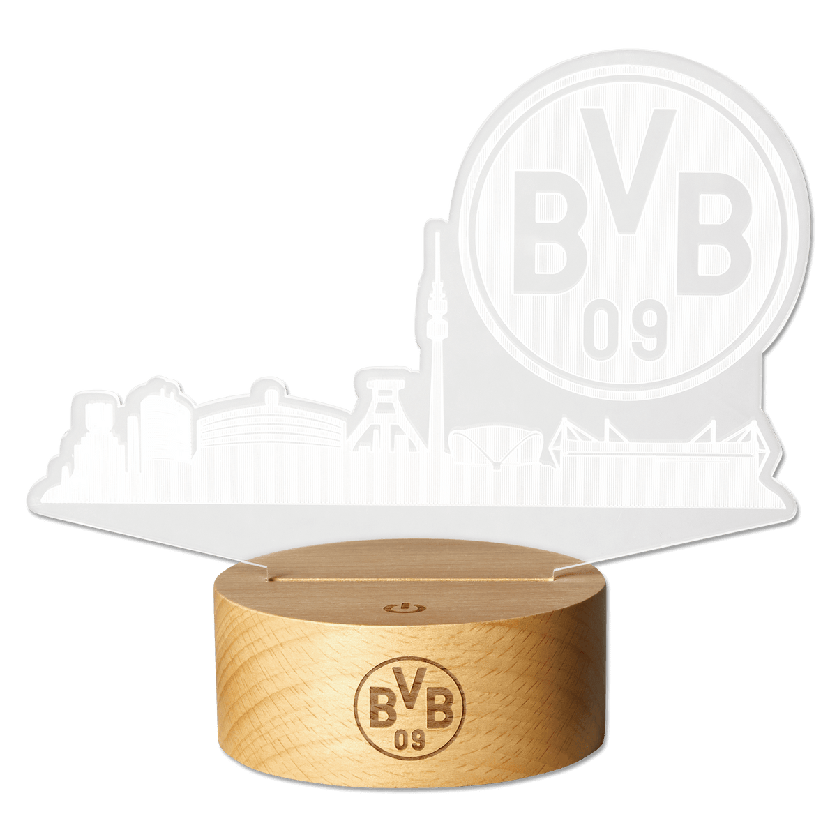 LED-Leuchte des BVB mit stilisierter Skyline von Dortmund und großem BVB 09 Emblem auf einem eleganten Holzsockel, ideal als Fanartikel oder Geschenk.