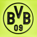 Gros plan sur une tong de bain du BVB aux couleurs fluo, avec un logo noir.