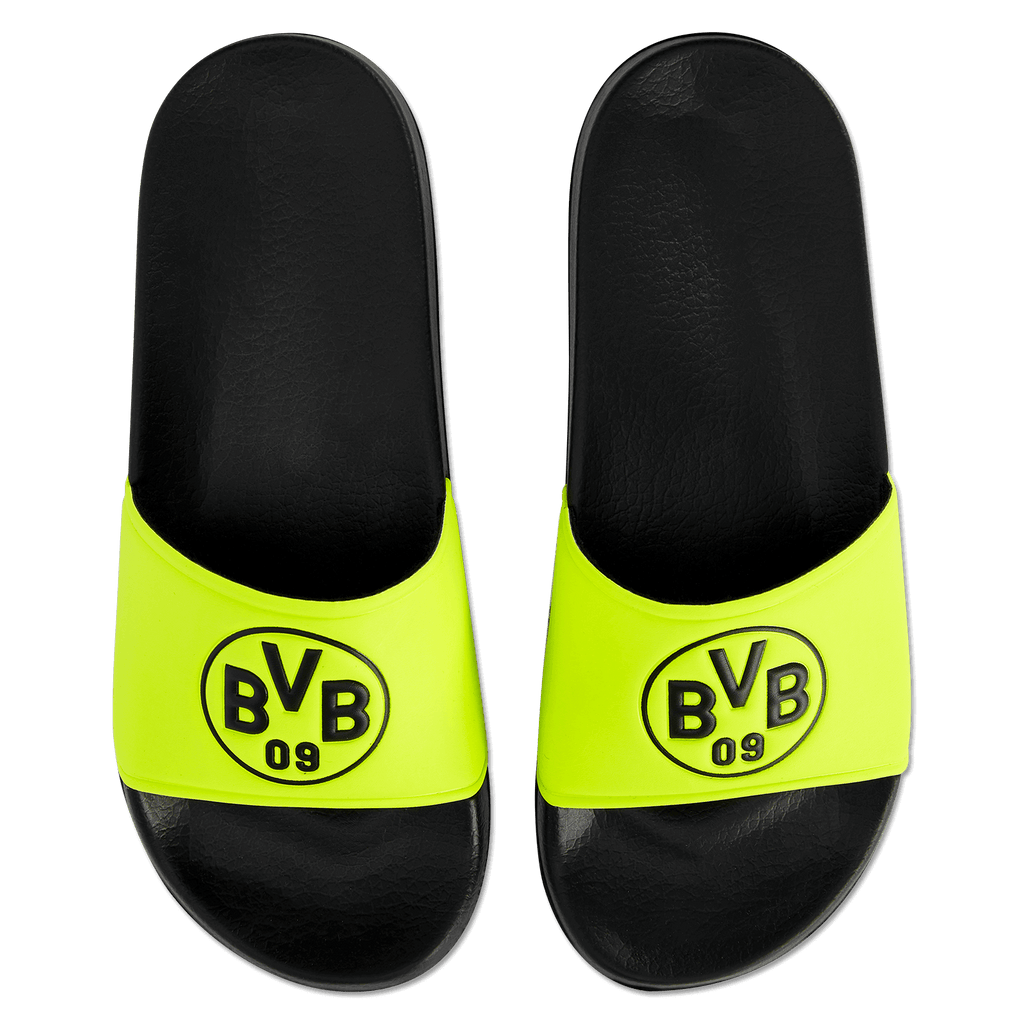 Tongs de bain noir et jaune du BVB, ornées d'un logo BVB bien visible sur le dessus. Parfaites pour les fans du Borussia Dortmund.