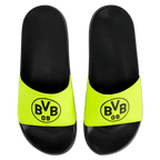 Tongs de bain noir et jaune du BVB, ornées d'un logo BVB bien visible sur le dessus. Parfaites pour les fans du Borussia Dortmund.
