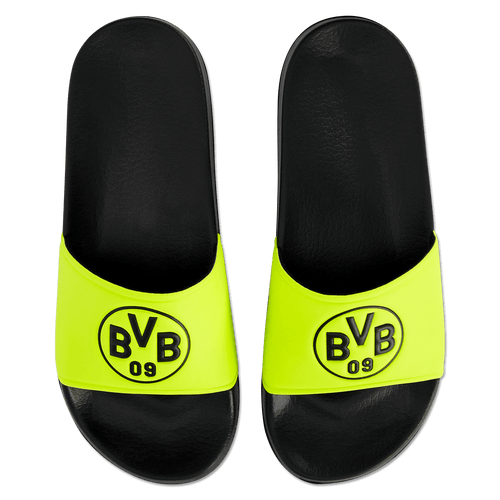 Tongs de bain noir et jaune du BVB, ornées d'un logo BVB bien visible sur le dessus. Parfaites pour les fans du Borussia Dortmund.