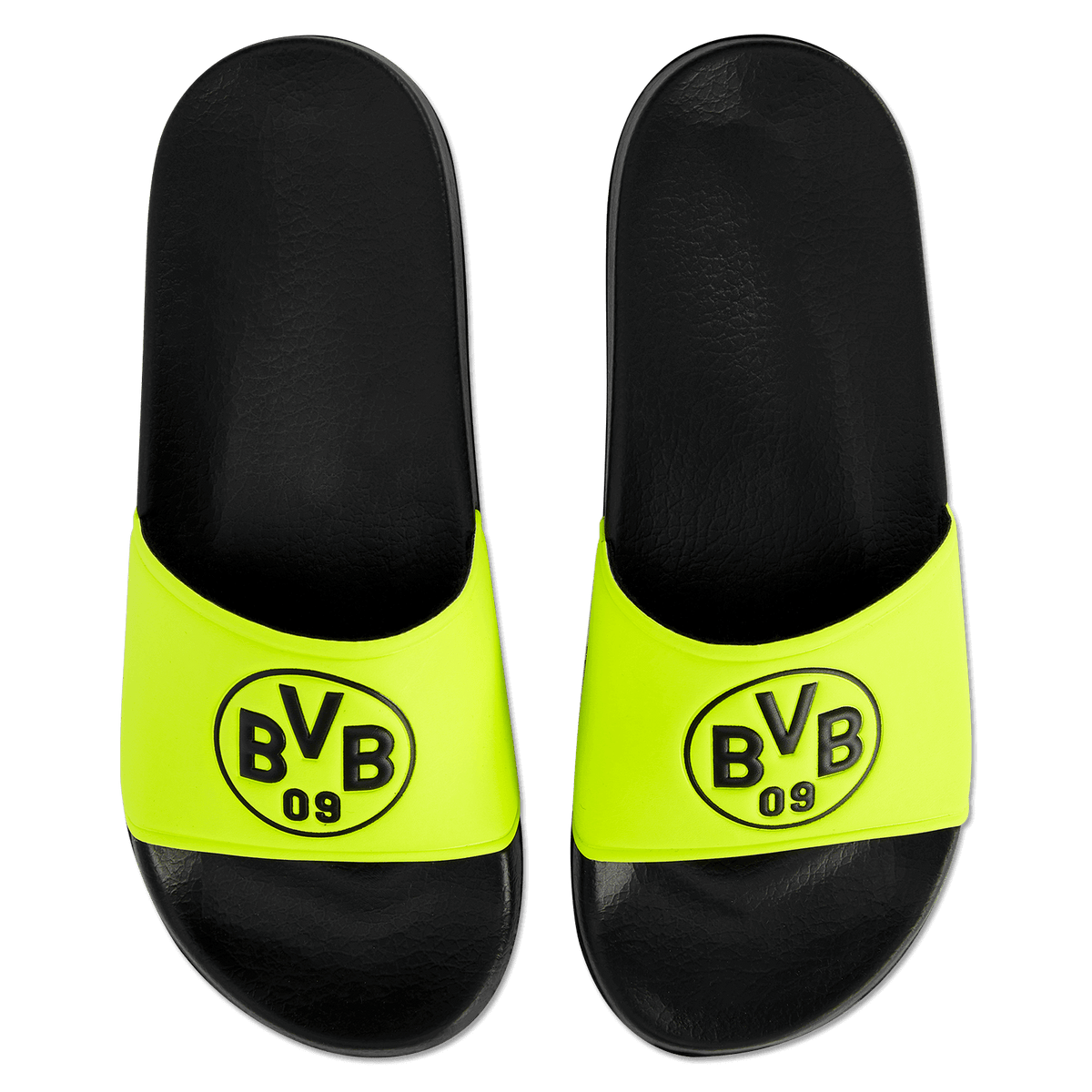 Schwarzgelbe BVB-Badeschlappen mit prominentem BVB-Logo auf der Oberseite. Perfekt für Fans von Borussia Dortmund.