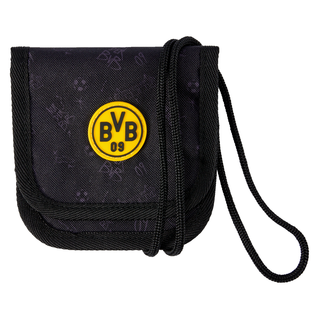 Porte-monnaie noir à bandoulière pour enfants, orné du logo jaune emblématique du BVB, idéal comme accessoire pratique et léger pour les jeunes supporters du Borussia Dortmund.
