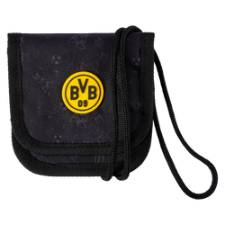 Porte-monnaie noir à bandoulière pour enfants, orné du logo jaune emblématique du BVB, idéal comme accessoire pratique et léger pour les jeunes supporters du Borussia Dortmund.