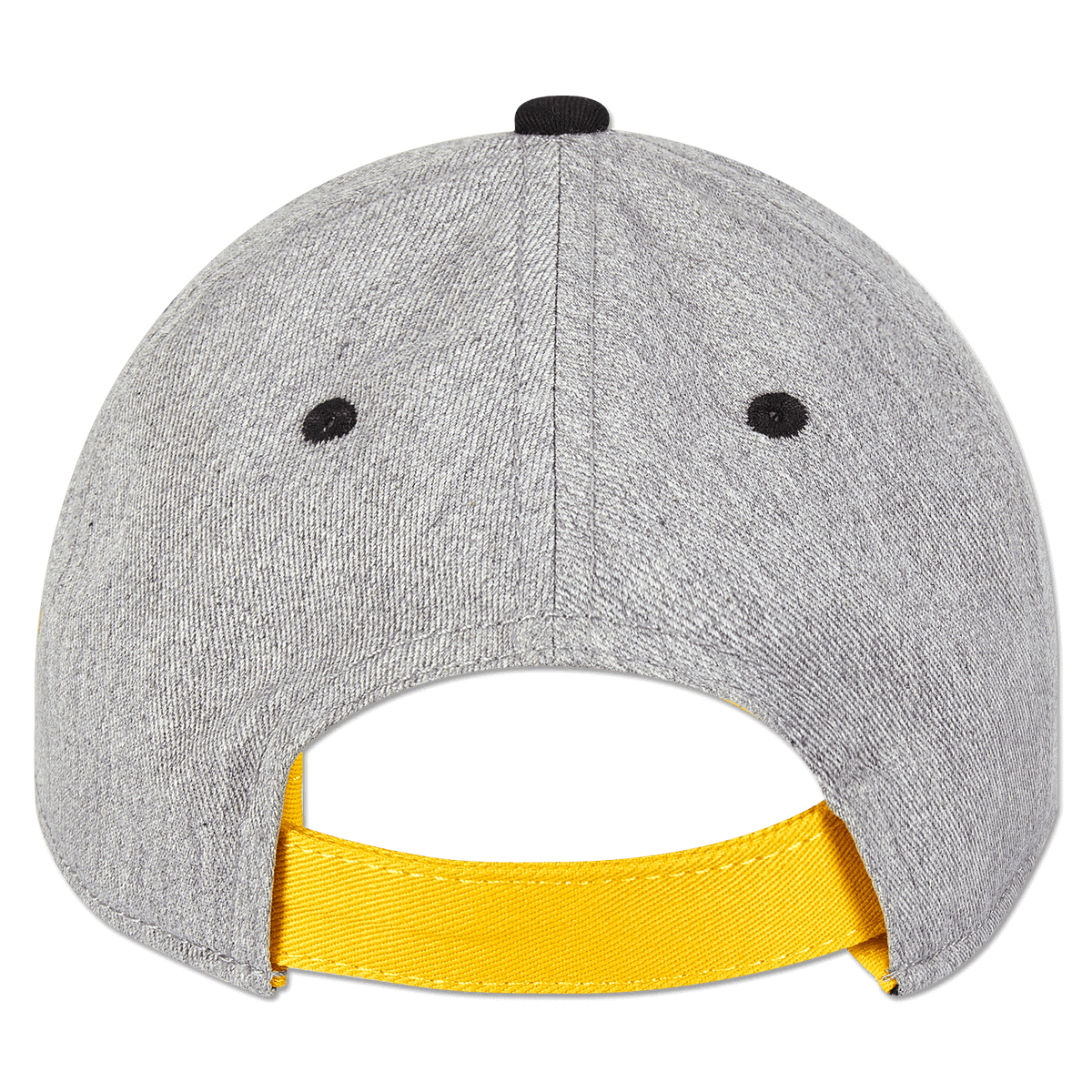 Graue Kinderkappe des BVB mit gelbem Verschluss und schwarzem Knopf. Rückansicht des Designs.