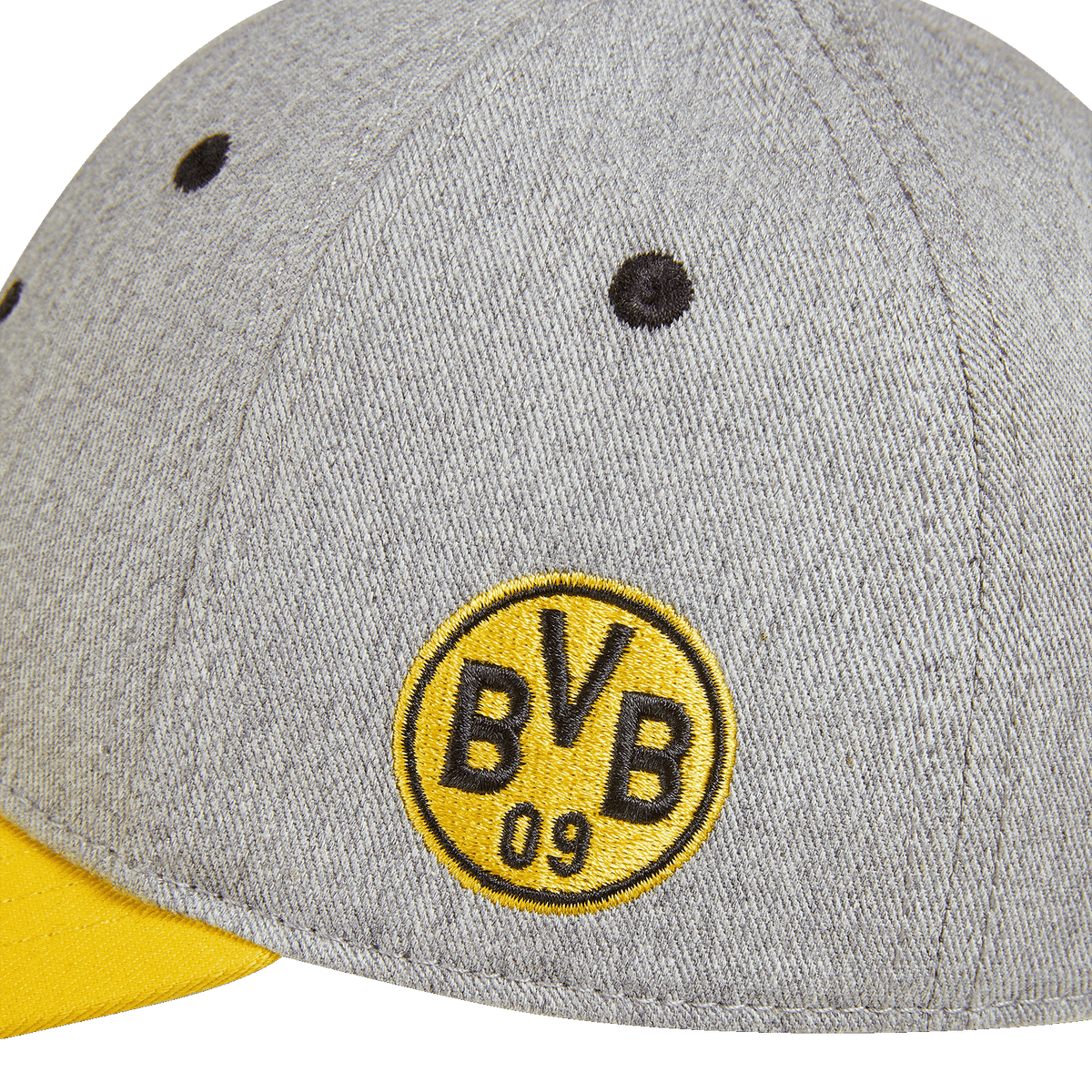 黄色のつばと「BVB 09」の刺繍ロゴが入った、幼児用のグレーのBVBキャップ。ファンアイテムとして最適です。