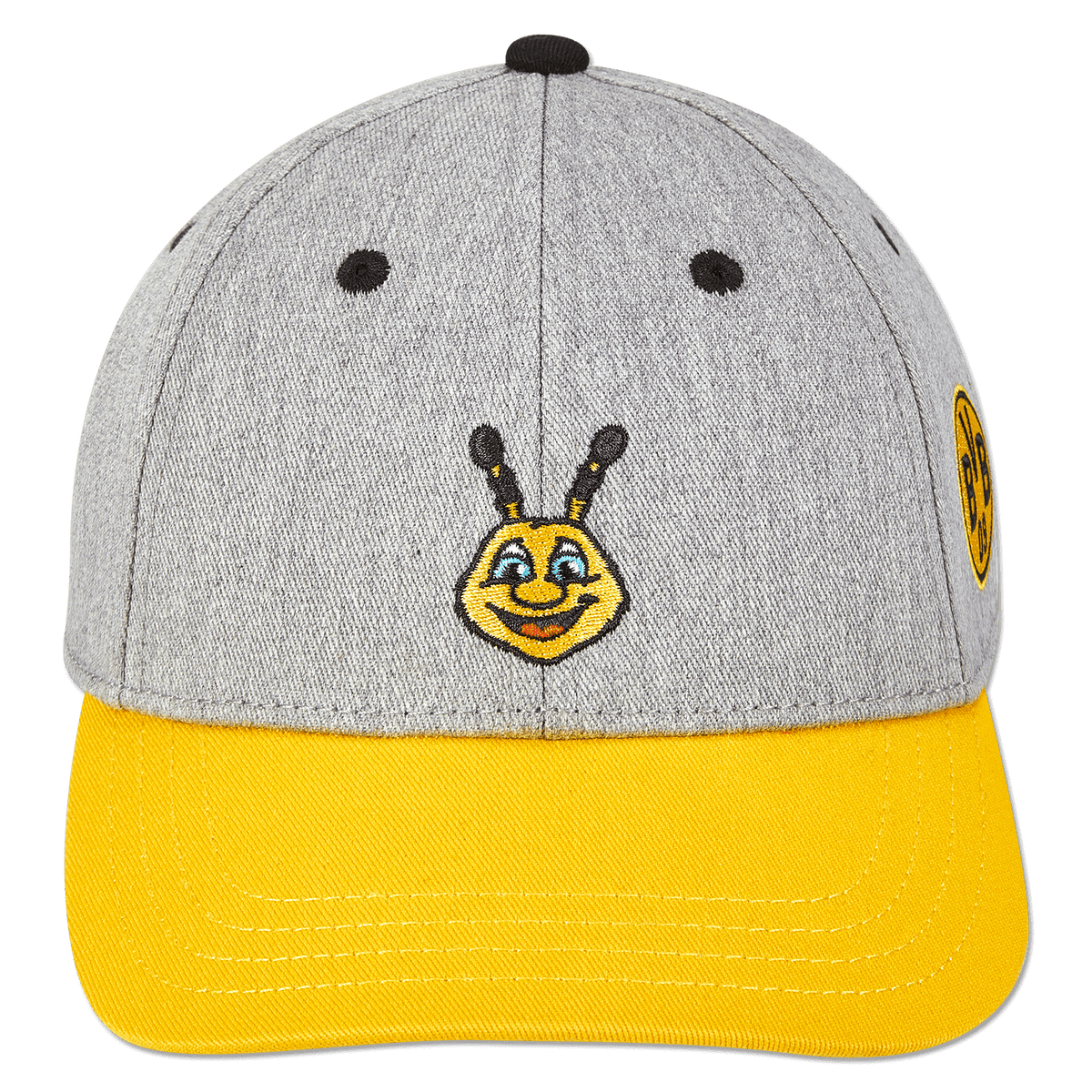 Casquette grise pour tout-petits avec visière jaune, article de supporters du BVB, brodée de l'abeille EMMA et de l'emblème du BVB sur le côté.