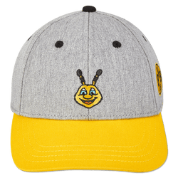 黄色いつばのついた幼児用グレーのキャップ。BVBのファンアイテムで、側面に「EMMA」のハチとBVBのエンブレムが刺繍されています。