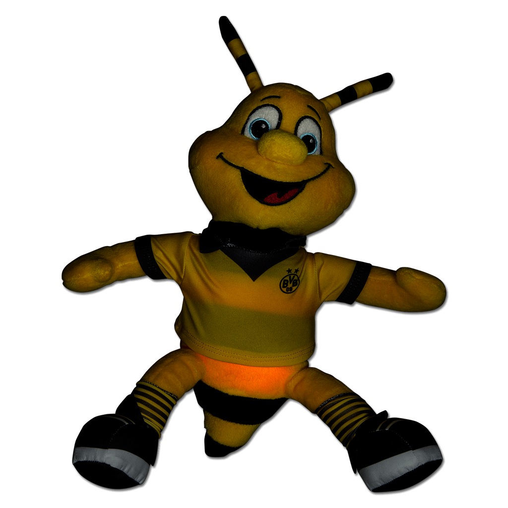 Das BVB Nachtlicht EMMA ist ein schwarzgelbes Stofftier mit fröhlichem Gesicht, BVB-Logo auf dem Trikot und einem leuchtenden Bauch. Perfekt für Kinder und als Fanartikel.