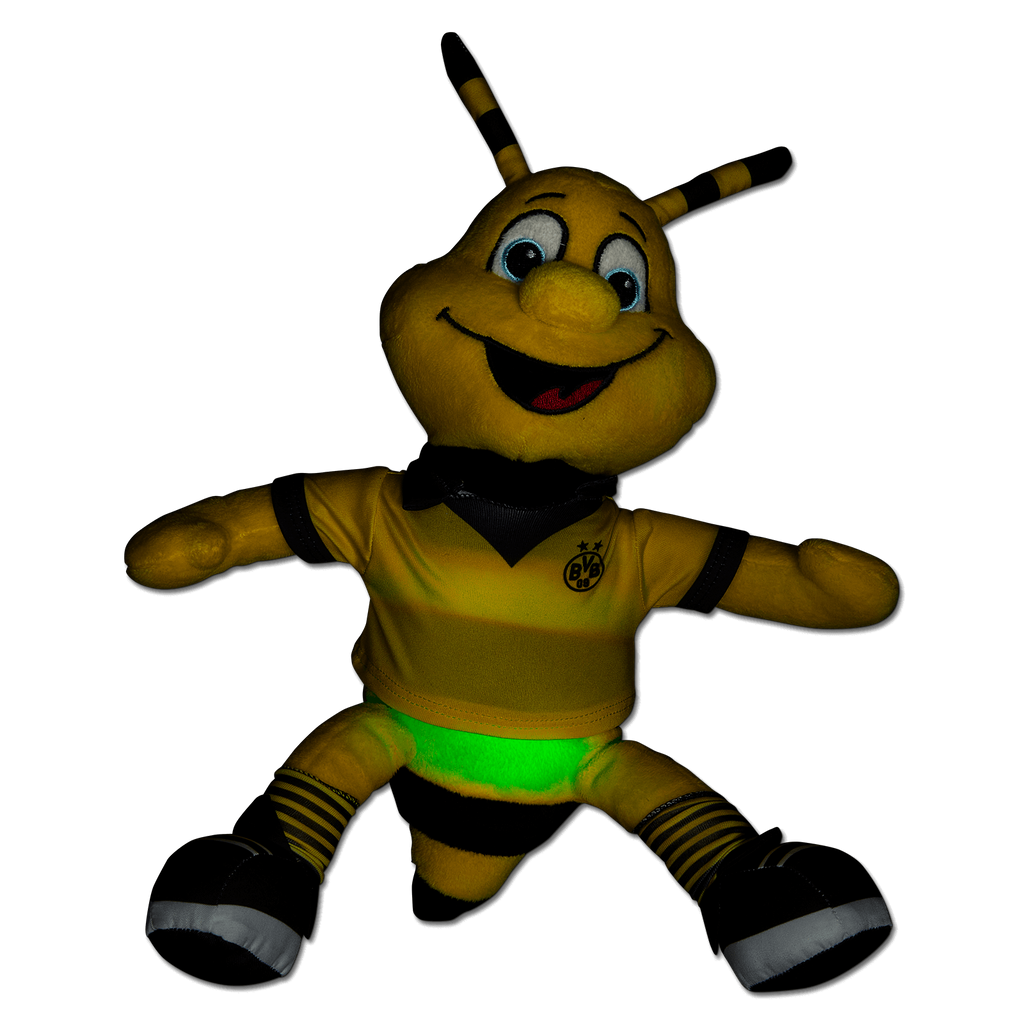 Leuchtendes BVB-Nachtlicht in Form des Maskottchens EMMA, trägt ein schwarzgelbes Trikot, ideal als Fanartikel oder Kinderzimmerdeko.