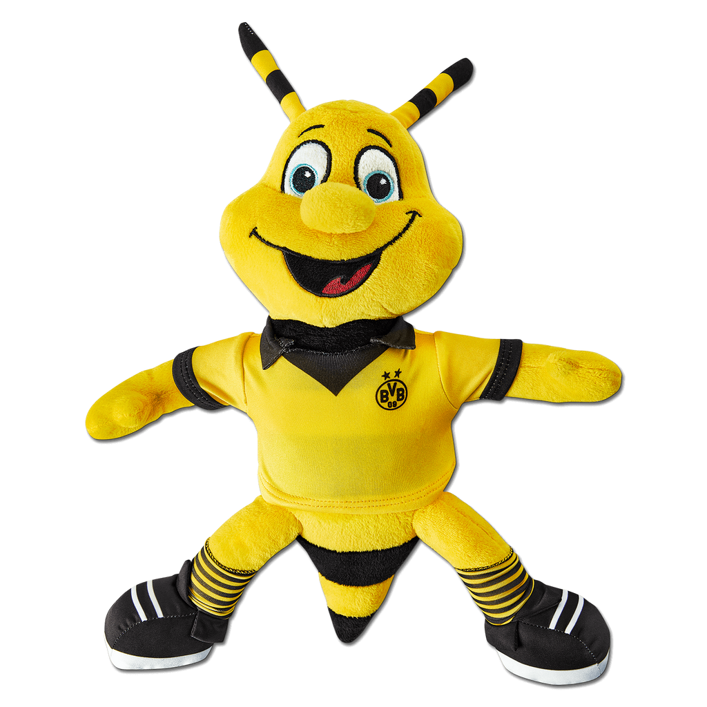 Das BVB-Kuscheltier EMMA trägt ein schwarzgelbes Trikot mit BVB-Logo und ist ein beliebtes Nachtlicht und Fanartikel.