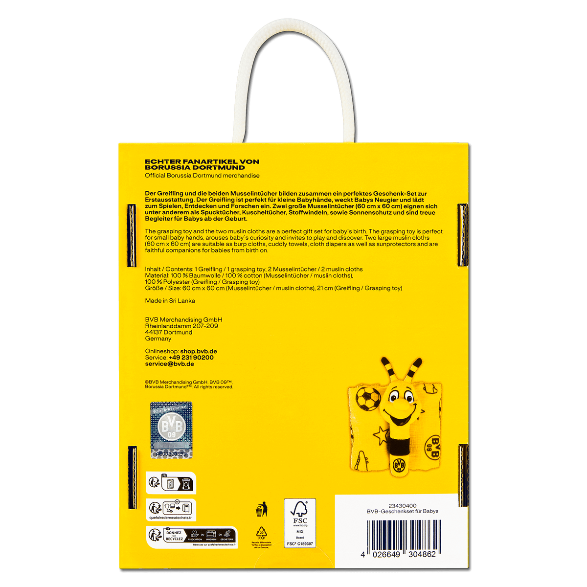 BVB EMMA礼品套装包含一个抓握玩具和两条黑黄相间的棉布巾，印有EMMA图案和多特蒙德队徽，非常适合婴儿使用。