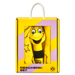 Coffret cadeau du BVB avec EMMA, la mascotte du Borussia Dortmund, dans un emballage noir, jaune et violet.