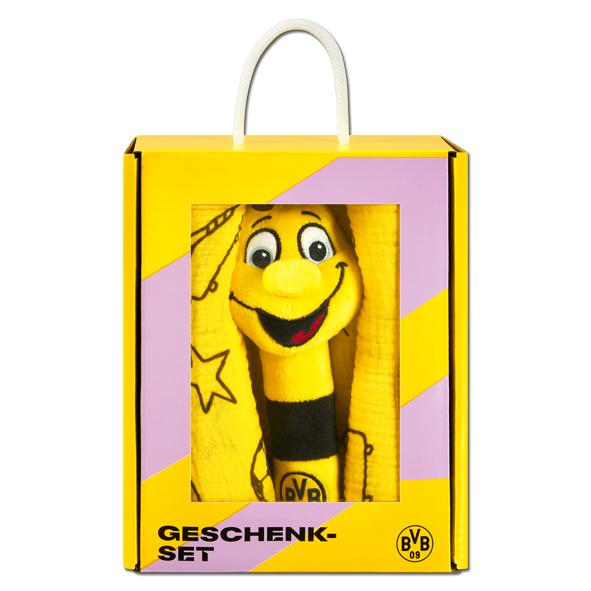 BVB Geschenkset mit EMMA, dem Maskottchen von Borussia Dortmund, in einer schwarzgelben und lila Verpackung.