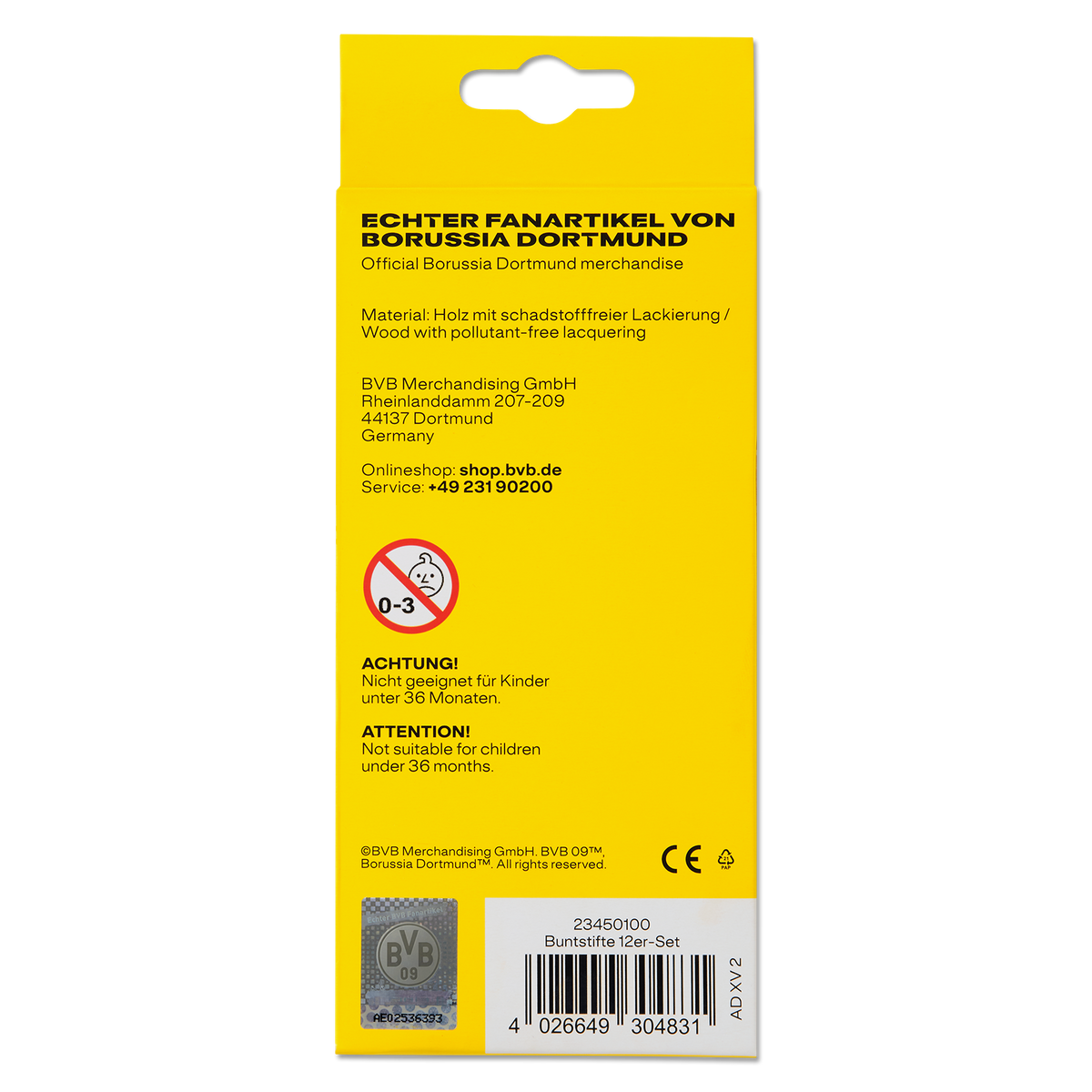Estuche amarillo del BVB para un estuche de 12 lápices de colores de madera con barniz libre de sustancias nocivas. Artículo oficial del Borussia Dortmund, ideal para los aficionados al equipo «negro y amarillo».