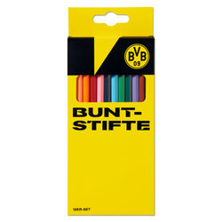 BVB 12-pack set of colored pencils in black-and-yellow packaging featuring the BVB logo, perfect for Borussia Dortmund fans.
