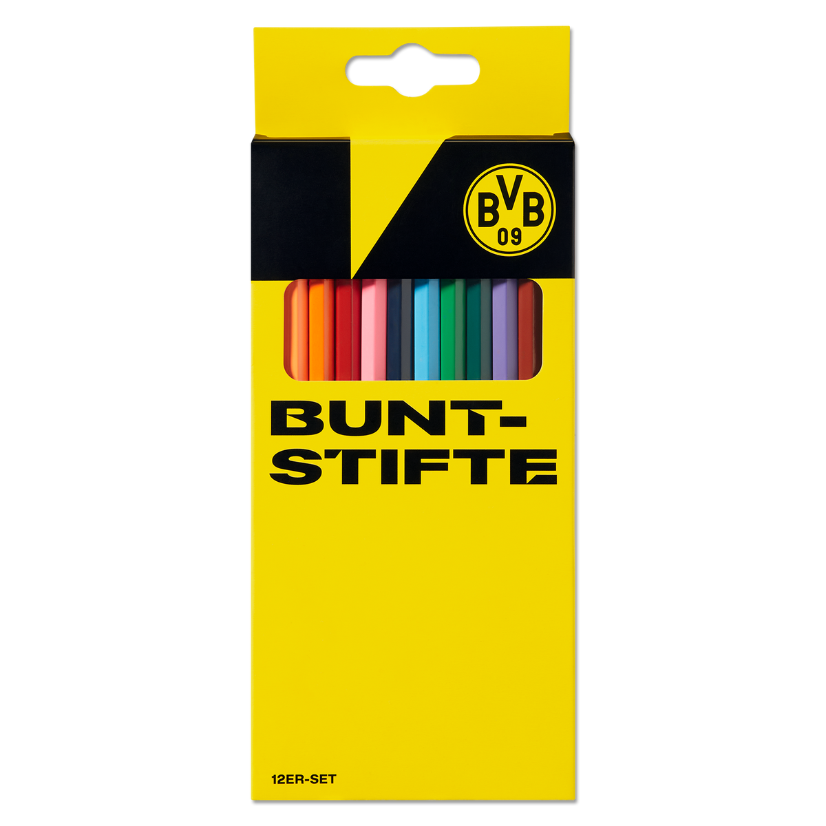 Juego de 12 lápices de colores del BVB en un estuche negro y amarillo con el logotipo del BVB, perfecto para los aficionados del Borussia Dortmund.