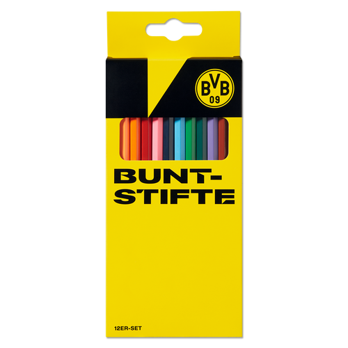 Juego de 12 lápices de colores del BVB en un estuche negro y amarillo con el logotipo del BVB, perfecto para los aficionados del Borussia Dortmund.