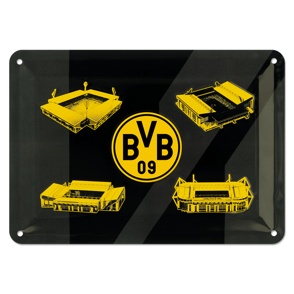 Placa metálica del BVB en negro y amarillo con el emblemático logotipo del BVB y varios bocetos del SIGNAL IDUNA PARK, ideal para los aficionados.