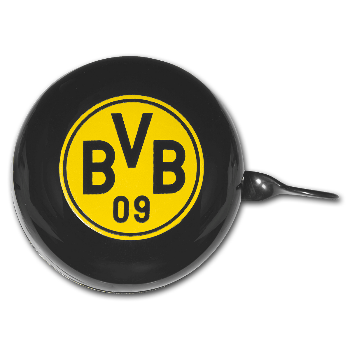 Schwarzgelbe BVB-Fahrradklingel mit markantem BVB-Logo und der Zahl 09 auf gelbem Hintergrund. Ein offizieller Fanartikel von Borussia Dortmund.
