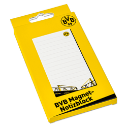 Blocco note magnetico del BVB in giallo con il logo del BVB. Ideale per prendere appunti in ufficio o a casa; sulla confezione è raffigurato il SIGNAL IDUNA PARK.