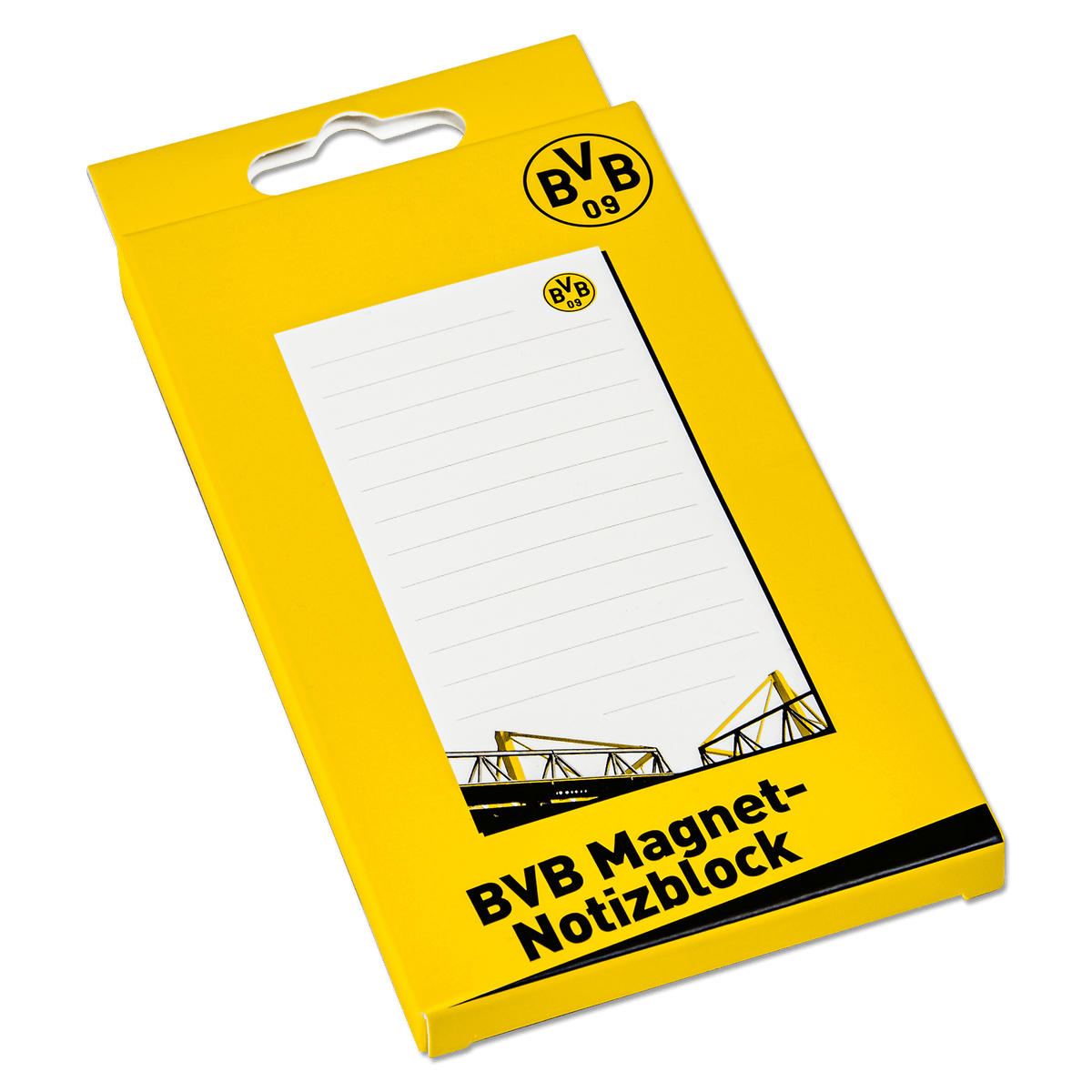 Blocco note magnetico del BVB in giallo con il logo del BVB. Ideale per prendere appunti in ufficio o a casa; sulla confezione è raffigurato il SIGNAL IDUNA PARK.