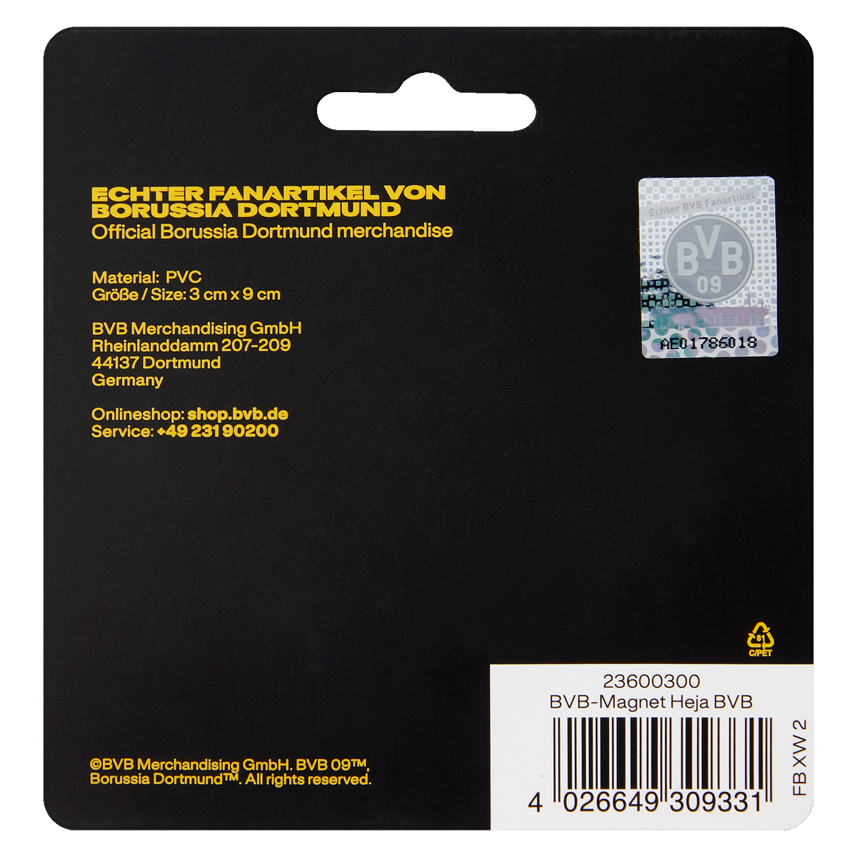Official BVB magnet with a black-and-yellow design and "Heja BVB" lettering, perfect as a fan item or gift for Borussia Dortmund fans.