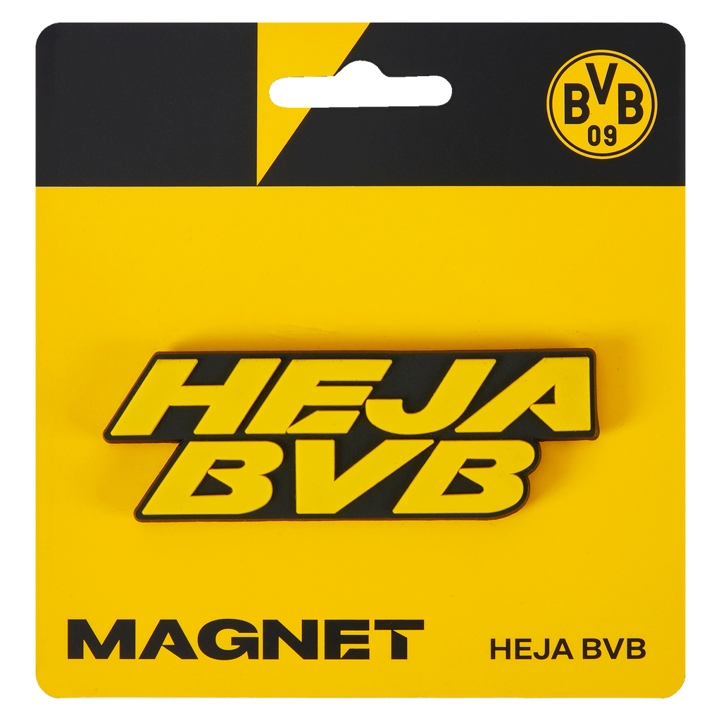 Schwarzgelber BVB-Magnet mit dem Schriftzug 'Heja BVB', ein perfektes Fan-Accessoire für Borussia Dortmund Anhänger.