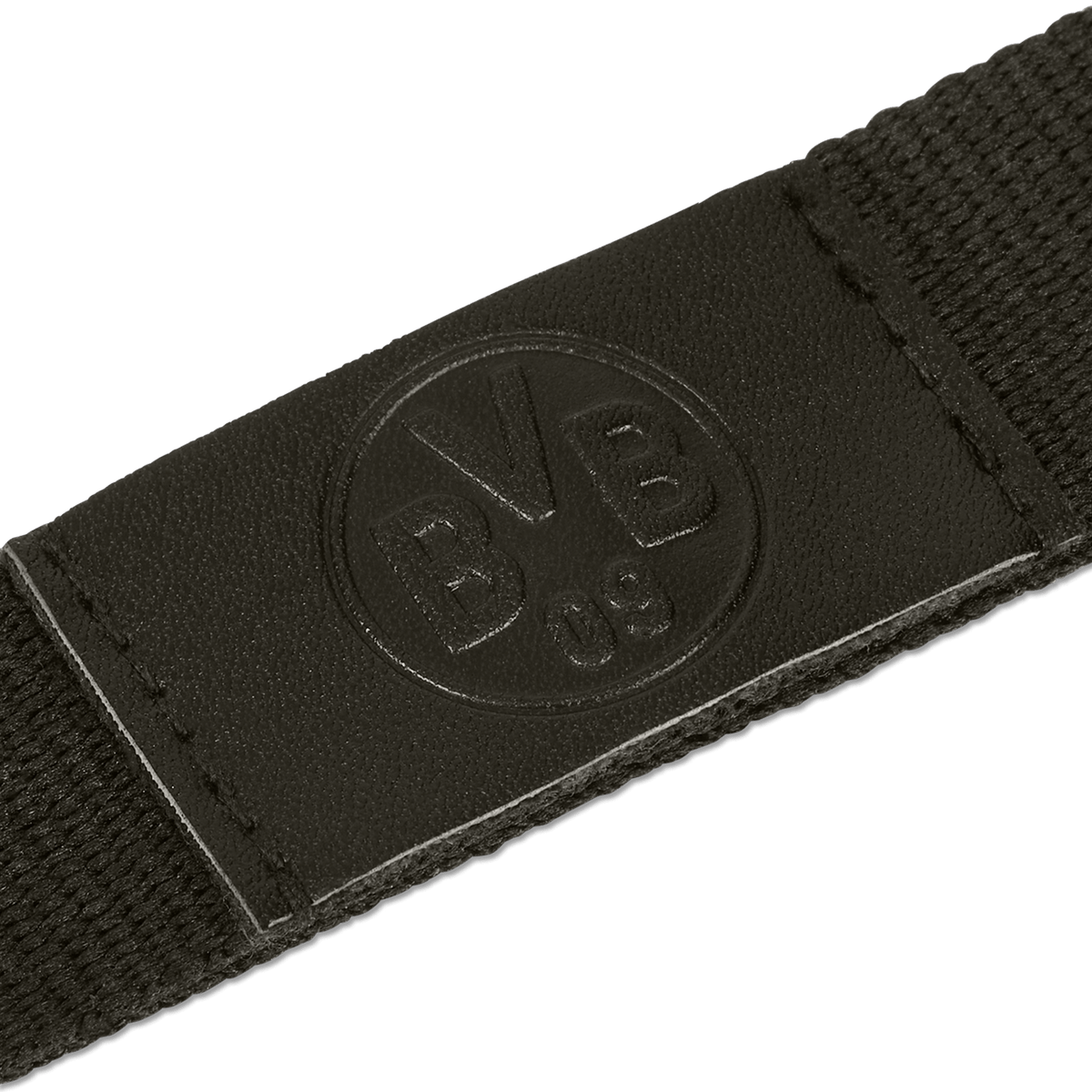 Nahaufnahme eines schwarzen BVB-Schlüsselanhängers mit Karabiner und geprägtem BVB 09 Emblem auf Leder.