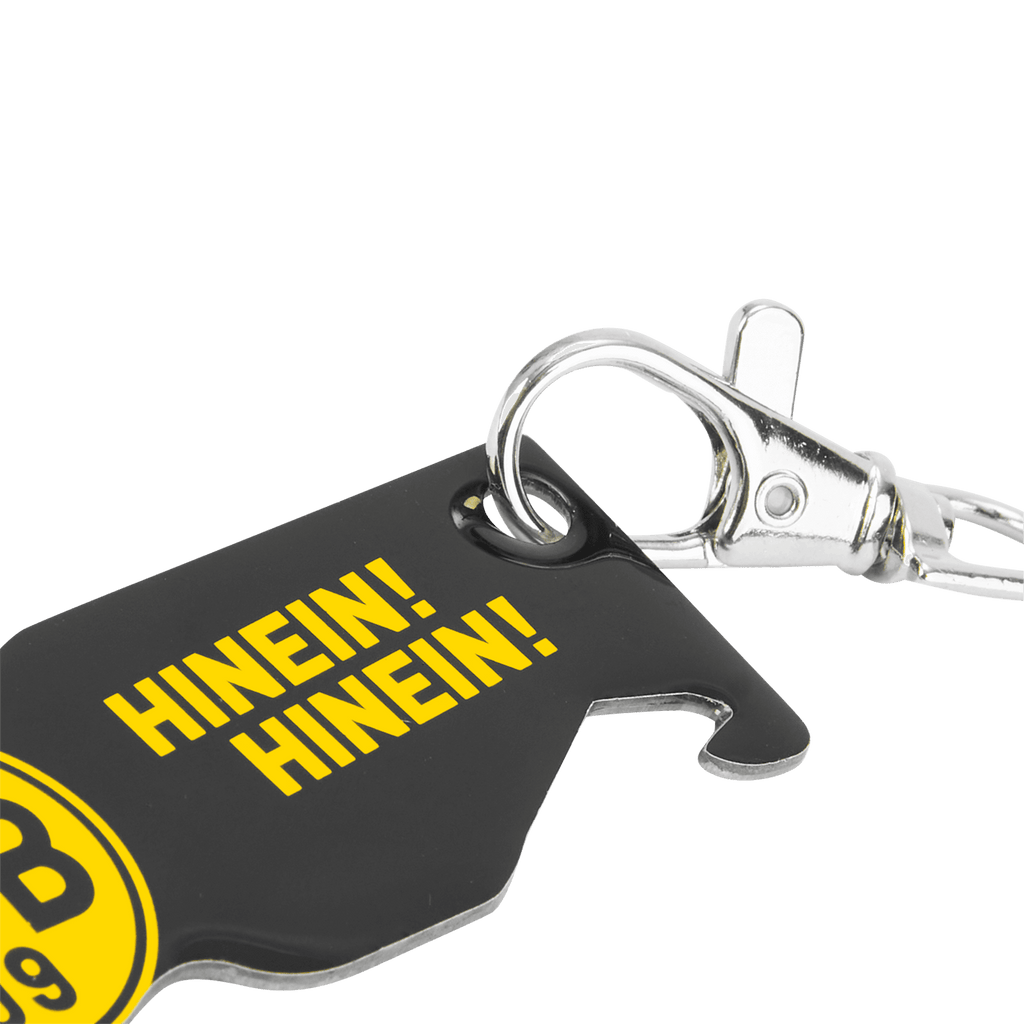 Schlüsselanhänger im BVB-Design, schwarzgelb mit 'HINEIN! HINEIN!' Schriftzug und praktischem Flaschenöffner.