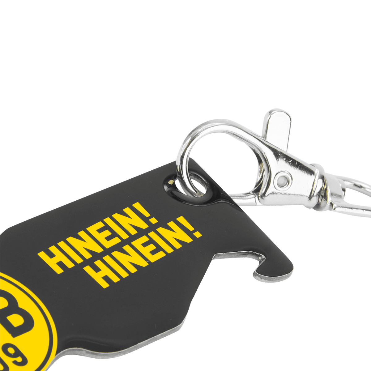 Schlüsselanhänger im BVB-Design, schwarzgelb mit 'HINEIN! HINEIN!' Schriftzug und praktischem Flaschenöffner.