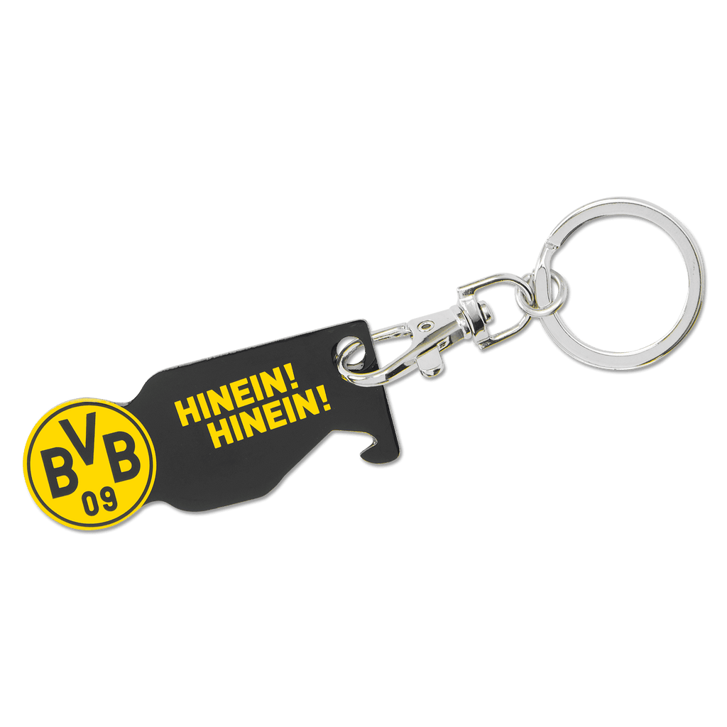 Schlüsselanhänger von Borussia Dortmund in schwarzgelb mit dem Schriftzug 'HINEIN! HINEIN!' und BVB-Emblem, ideal für Fans und Sammler.