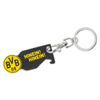 Schlüsselanhänger von Borussia Dortmund in schwarzgelb mit dem Schriftzug 'HINEIN! HINEIN!' und BVB-Emblem, ideal für Fans und Sammler.