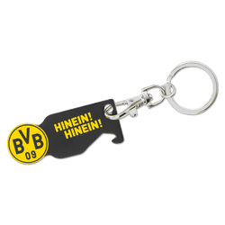 Schlüsselanhänger von Borussia Dortmund in schwarzgelb mit dem Schriftzug 'HINEIN! HINEIN!' und BVB-Emblem, ideal für Fans und Sammler.