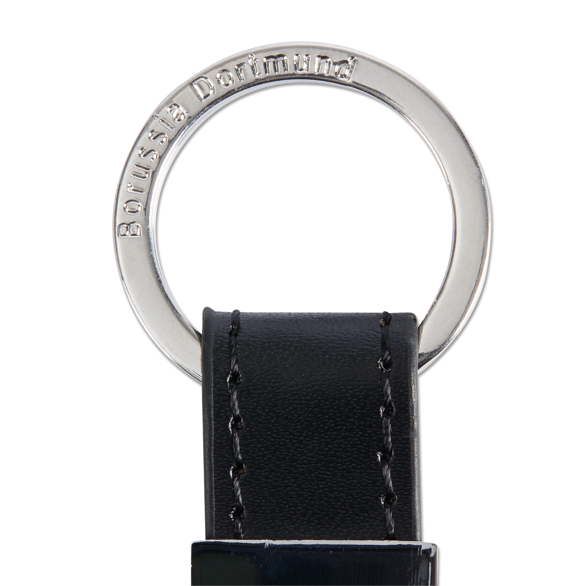 High-quality BVB keychain with a metal ring and black leather, engraved with the Borussia Dortmund logo. The perfect accessory for fans.