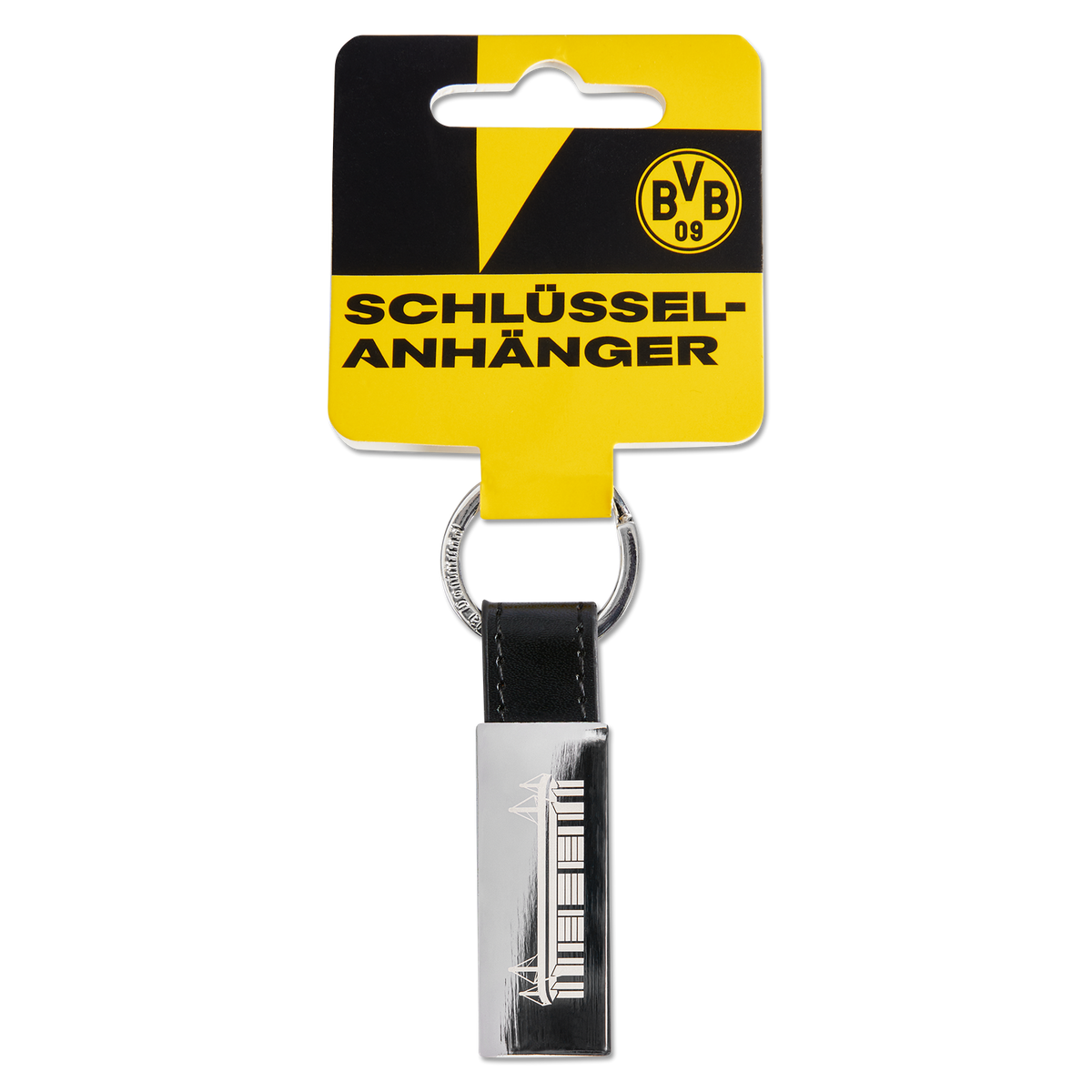 Schlüsselanhänger des BVB mit Stadiondesign, präsentiert auf schwarzgelber Verpackung mit BVB-Logo und Schriftzug.