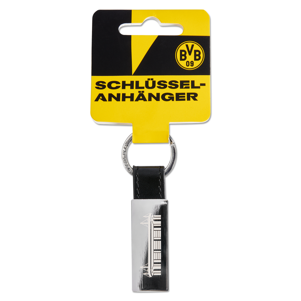 BVB keychain featuring a stadium design, presented in black-and-yellow packaging with the BVB logo and lettering.