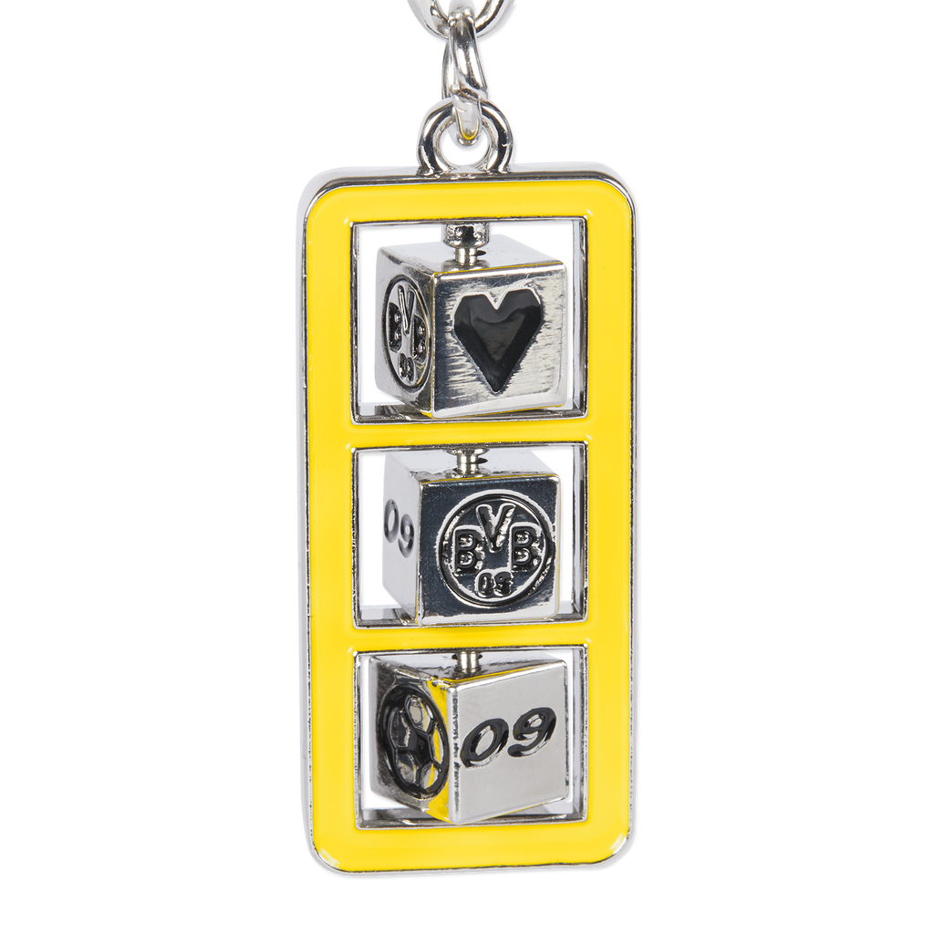 Portachiavi del BVB con cornice gialla e tre cubi argentati con il logo del BVB, un cuore e il numero 09: un accessorio di classe per i tifosi.