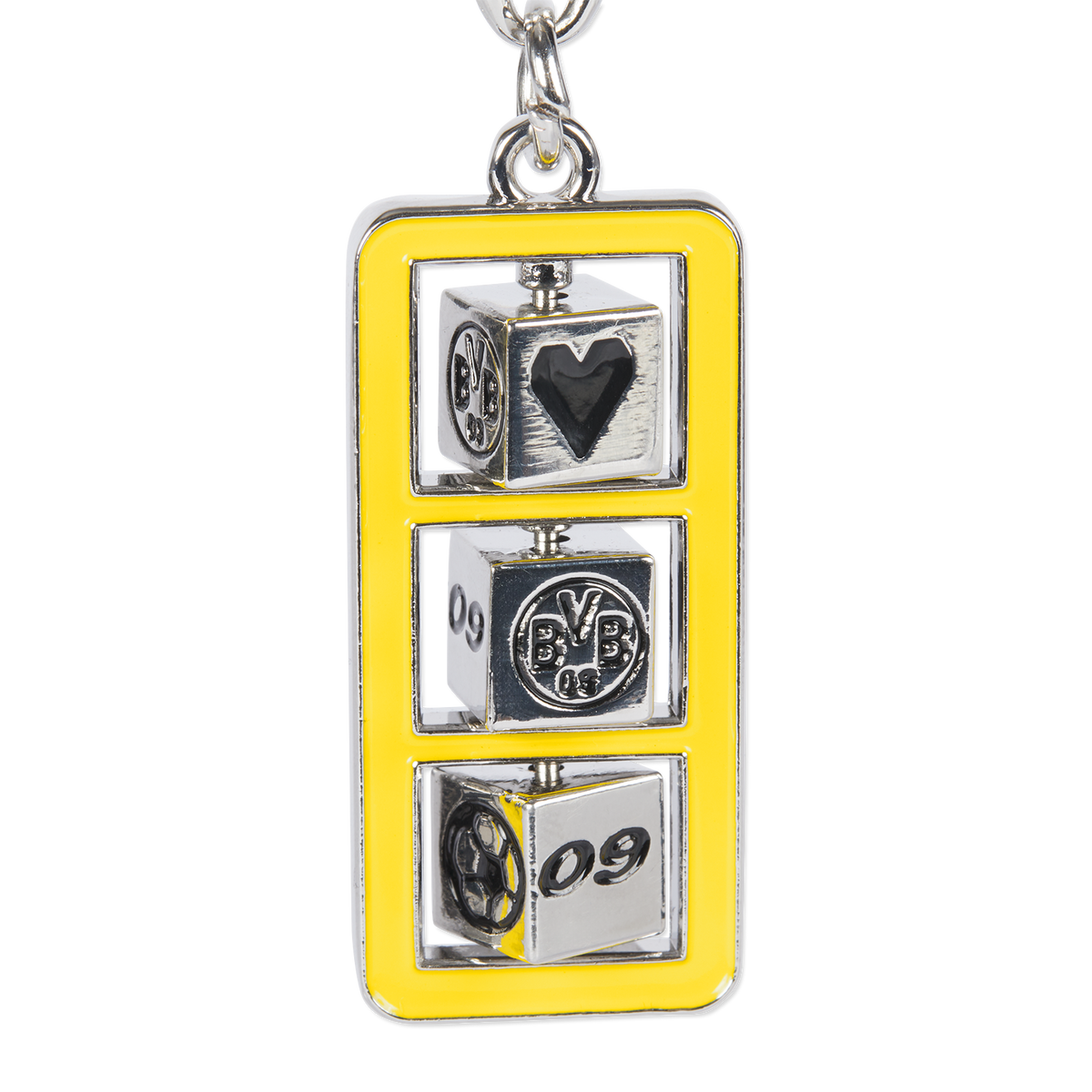 Portachiavi del BVB con cornice gialla e tre cubi argentati con il logo del BVB, un cuore e il numero 09: un accessorio di classe per i tifosi.