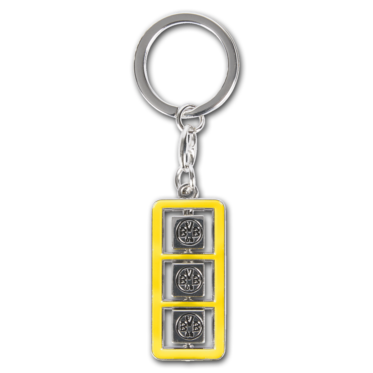 Porte-clés du Borussia Dortmund avec un cadre jaune et trois cubes noir et argent portant le logo du BVB.