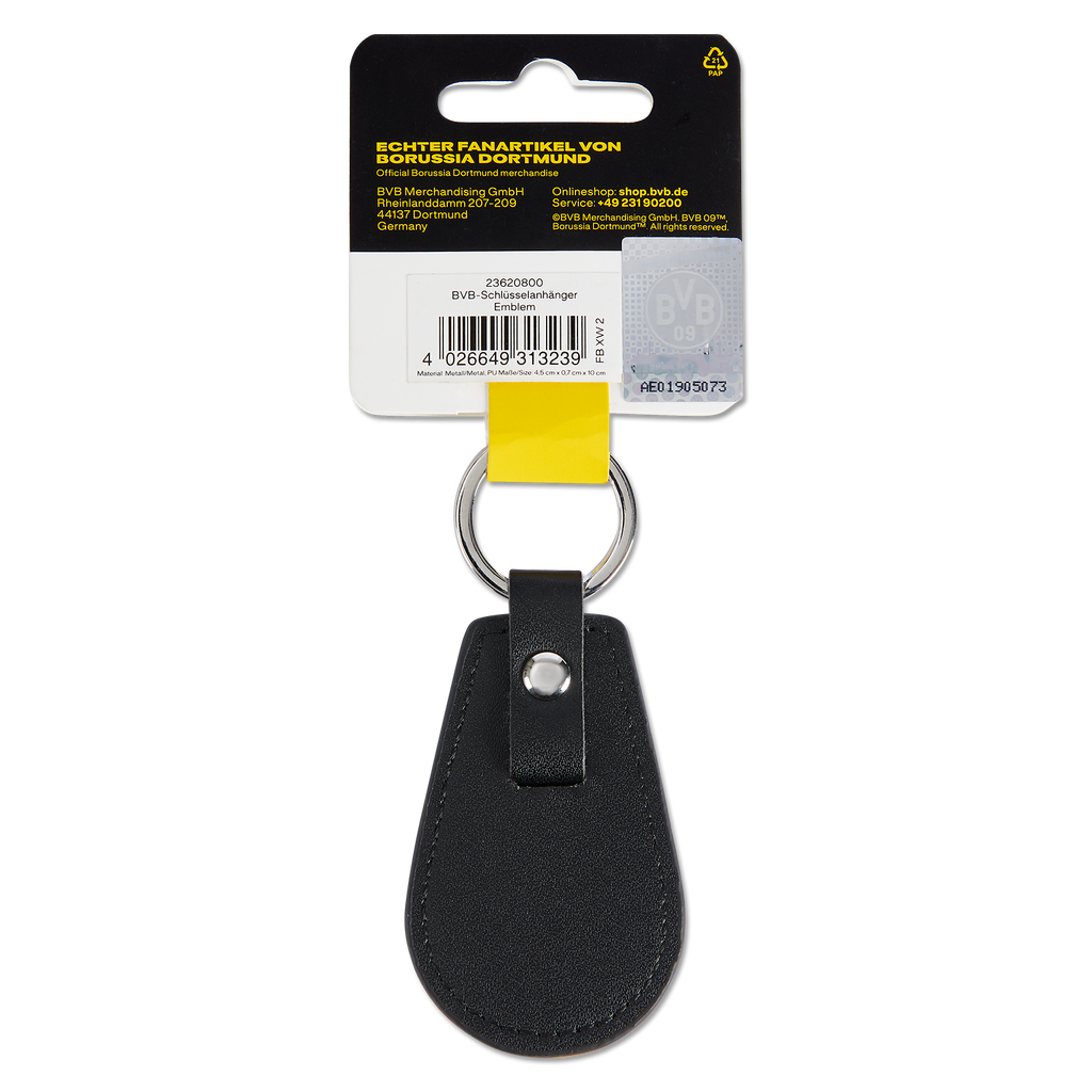 Hochwertiger BVB-Schlüsselanhänger aus schwarzem Lederimitat mit silbernem Ring und BVB-Emblem. Offizielles Merchandise von Borussia Dortmund.