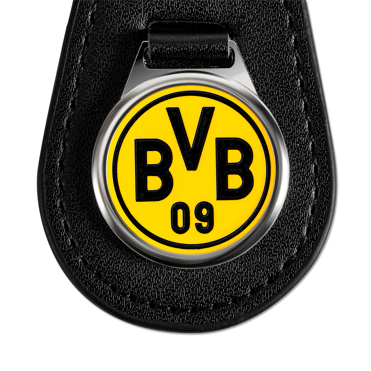 多特蒙德（Borussia Dortmund）黑色钥匙扣，配有闪亮的金属环，并饰有黑黄配色的标志性BVB徽章。