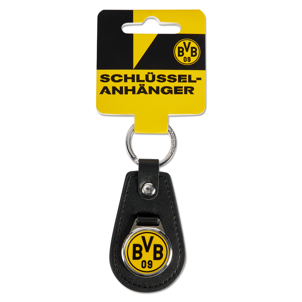 Schwarzer BVB Schlüsselanhänger aus Leder mit rundem schwarzgelbem BVB 09 Emblem und Schlüsselring, ideal für Fans von Borussia Dortmund.