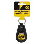 Schwarzer BVB Schlüsselanhänger aus Leder mit rundem schwarzgelbem BVB 09 Emblem und Schlüsselring, ideal für Fans von Borussia Dortmund.