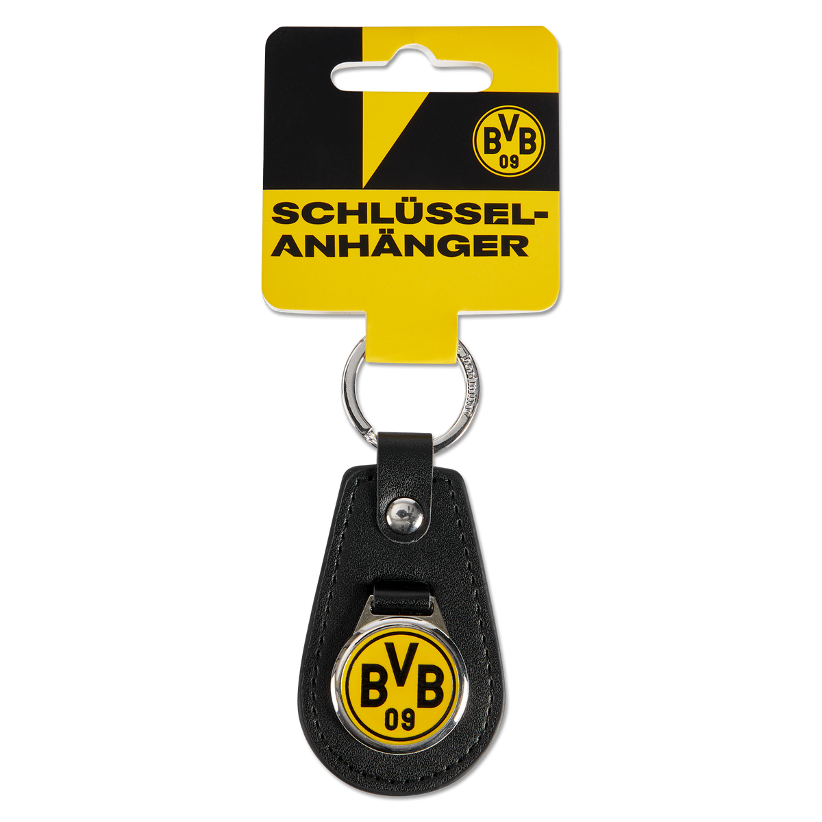 Schwarzer BVB Schlüsselanhänger aus Leder mit rundem schwarzgelbem BVB 09 Emblem und Schlüsselring, ideal für Fans von Borussia Dortmund.