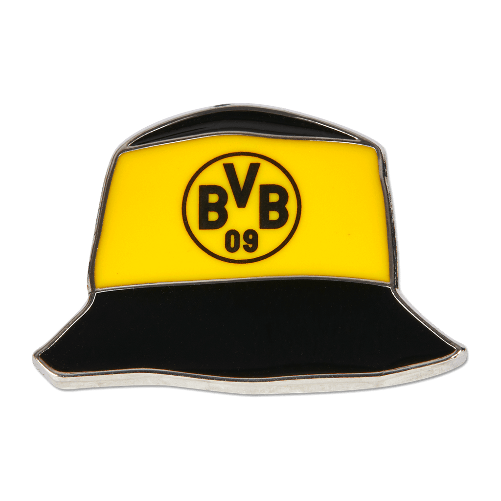 Insignia del BVB en negro y amarillo con forma de gorro de pescador y el logotipo del BVB en el centro, ideal como artículo para aficionados y complemento del Borussia Dortmund.