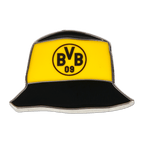 Insignia del BVB en negro y amarillo con forma de gorro de pescador y el logotipo del BVB en el centro, ideal como artículo para aficionados y complemento del Borussia Dortmund.